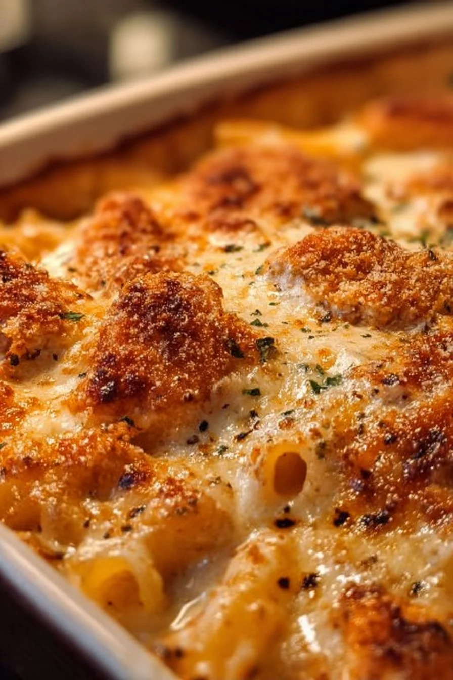 Dump-and-Bake Chicken Parmesan Casserole with melted cheese and marinara sauce