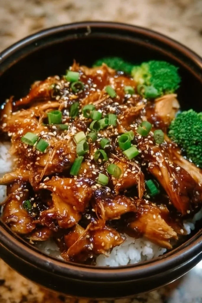 Dump and Go Crockpot Teriyaki Chicken served with steamed rice and vegetables