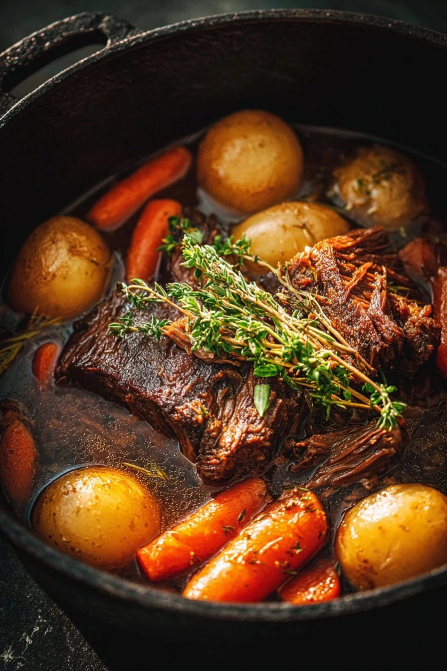 Delicious Dutch Oven Pot Roast cooked to perfection with vegetables and herbs