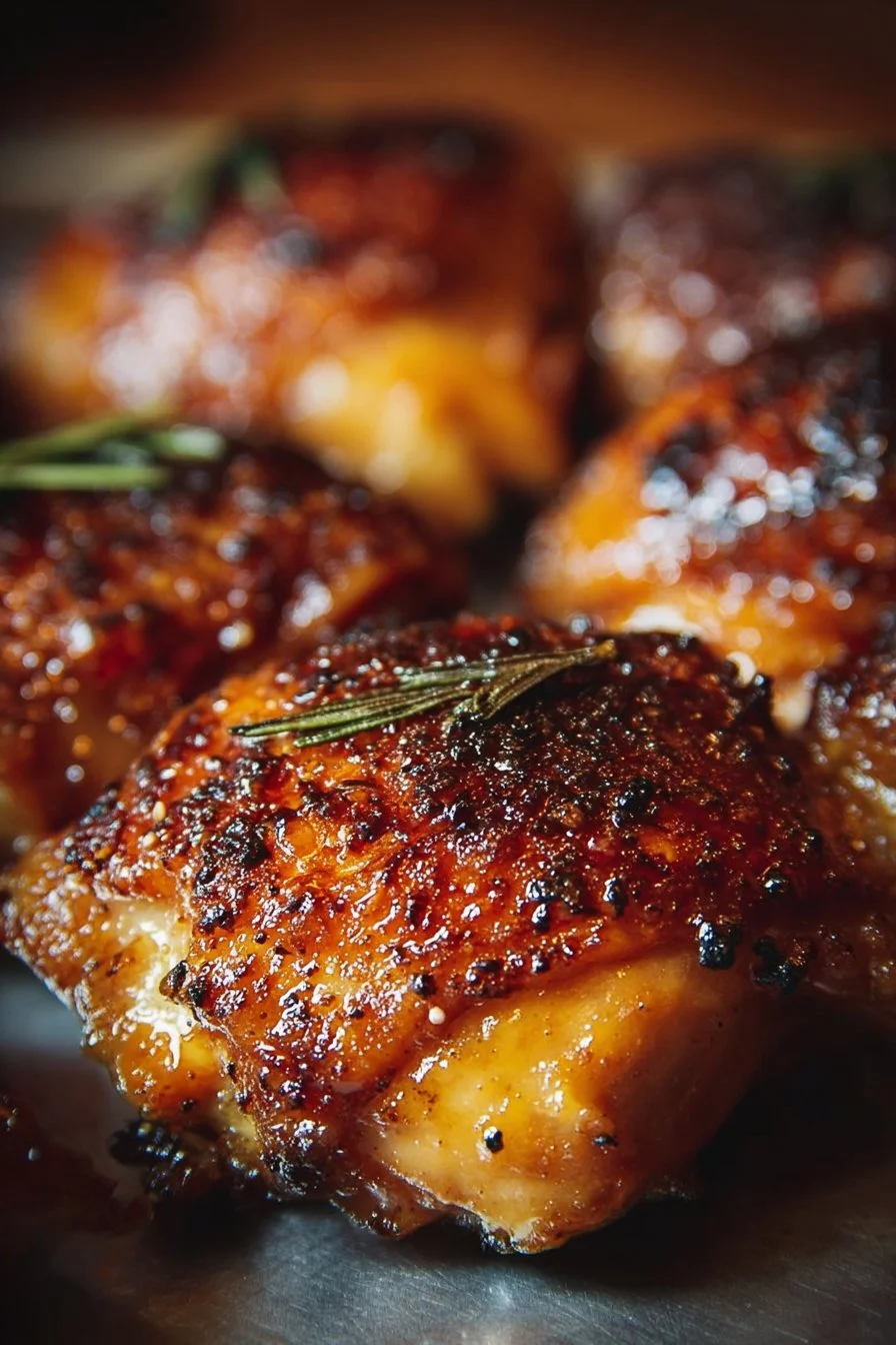 Juicy easy baked chicken thighs on a plate garnished with herbs