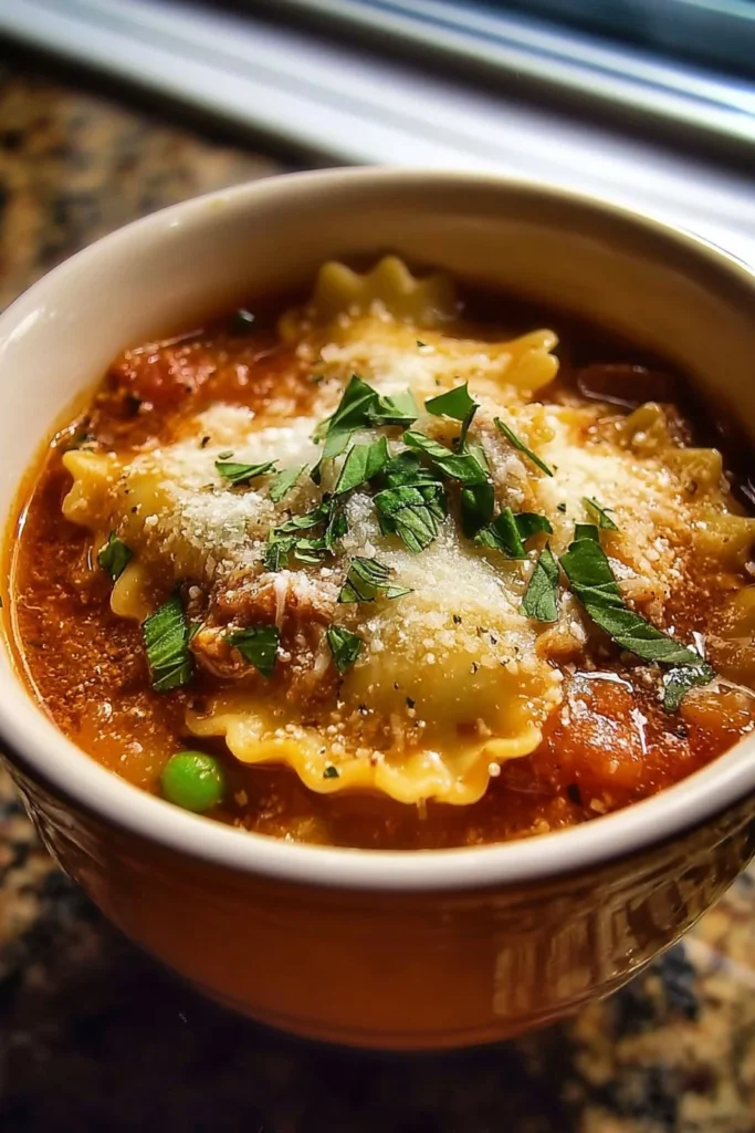 Delicious bowl of creamy lasagna soup topped with herbs and cheese