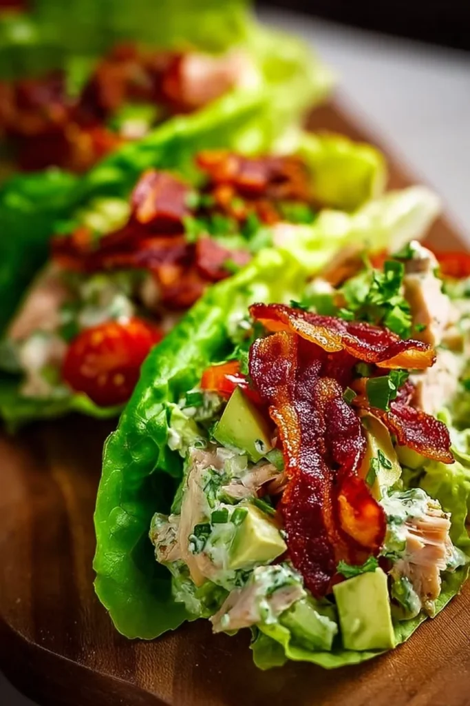 BLT Chicken Salad lettuce wraps served on a plate with fresh ingredients