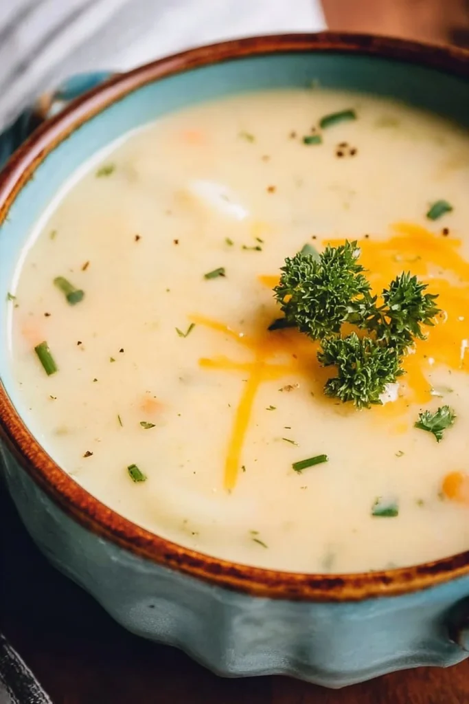 A bowl of easy potato soup topped with herbs and spices