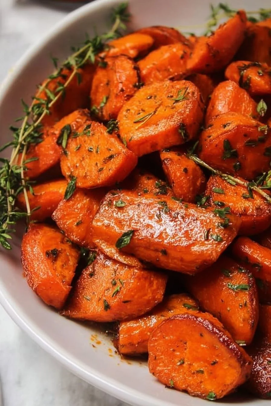 Bowl of easy roasted sweet potatoes and carrots, a vibrant and healthy dish.