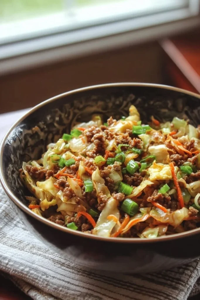 Delicious egg roll in a bowl served with colorful vegetables and sauce