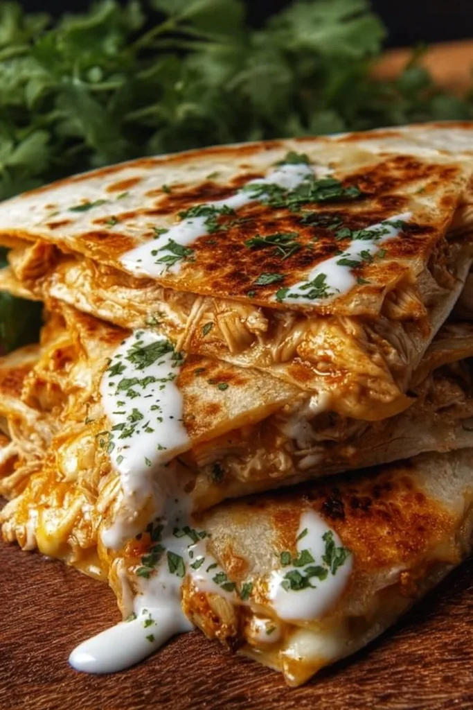 Delicious chicken quesadilla with melted cheese and fresh vegetables