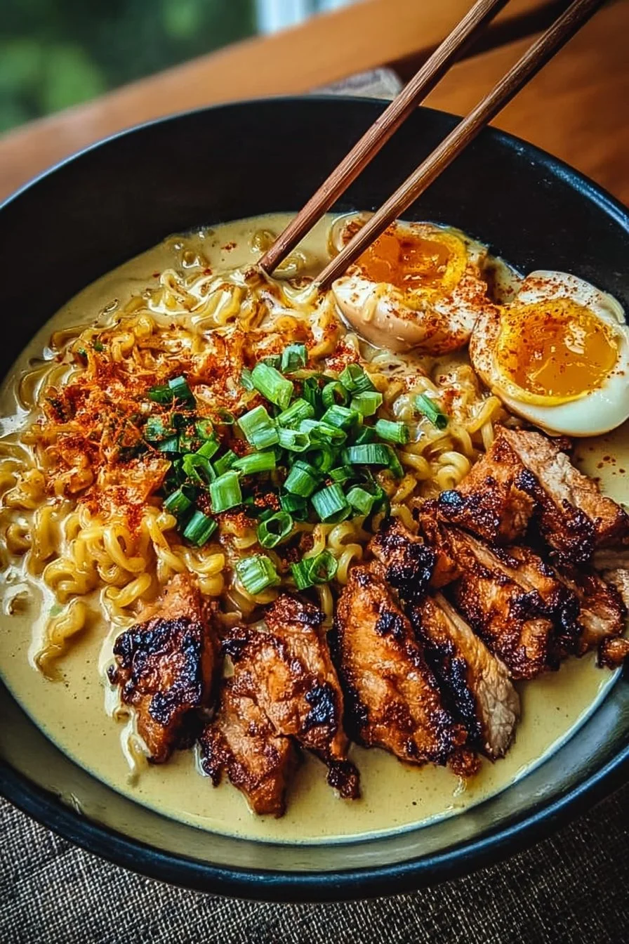 Bowl of spicy chicken ramen with creamy garlic sauce and fresh toppings