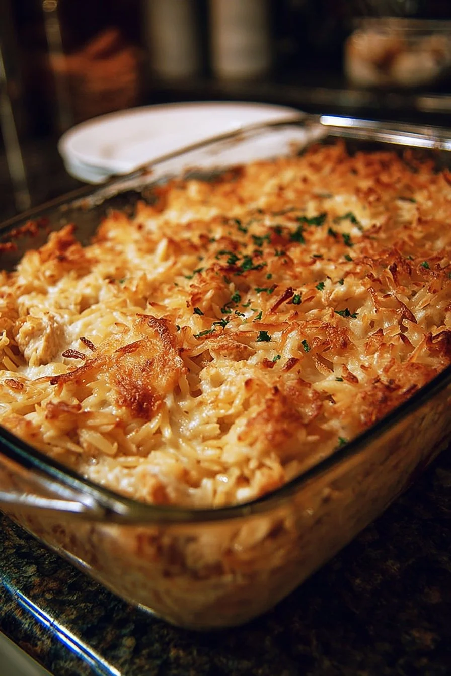 French onion chicken orzo casserole in a baking dish topped with cheese
