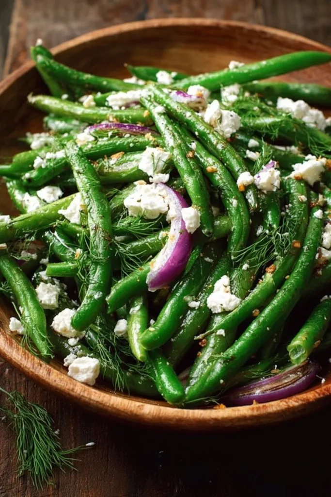 Fresh green bean salad with feta cheese and colorful vegetables