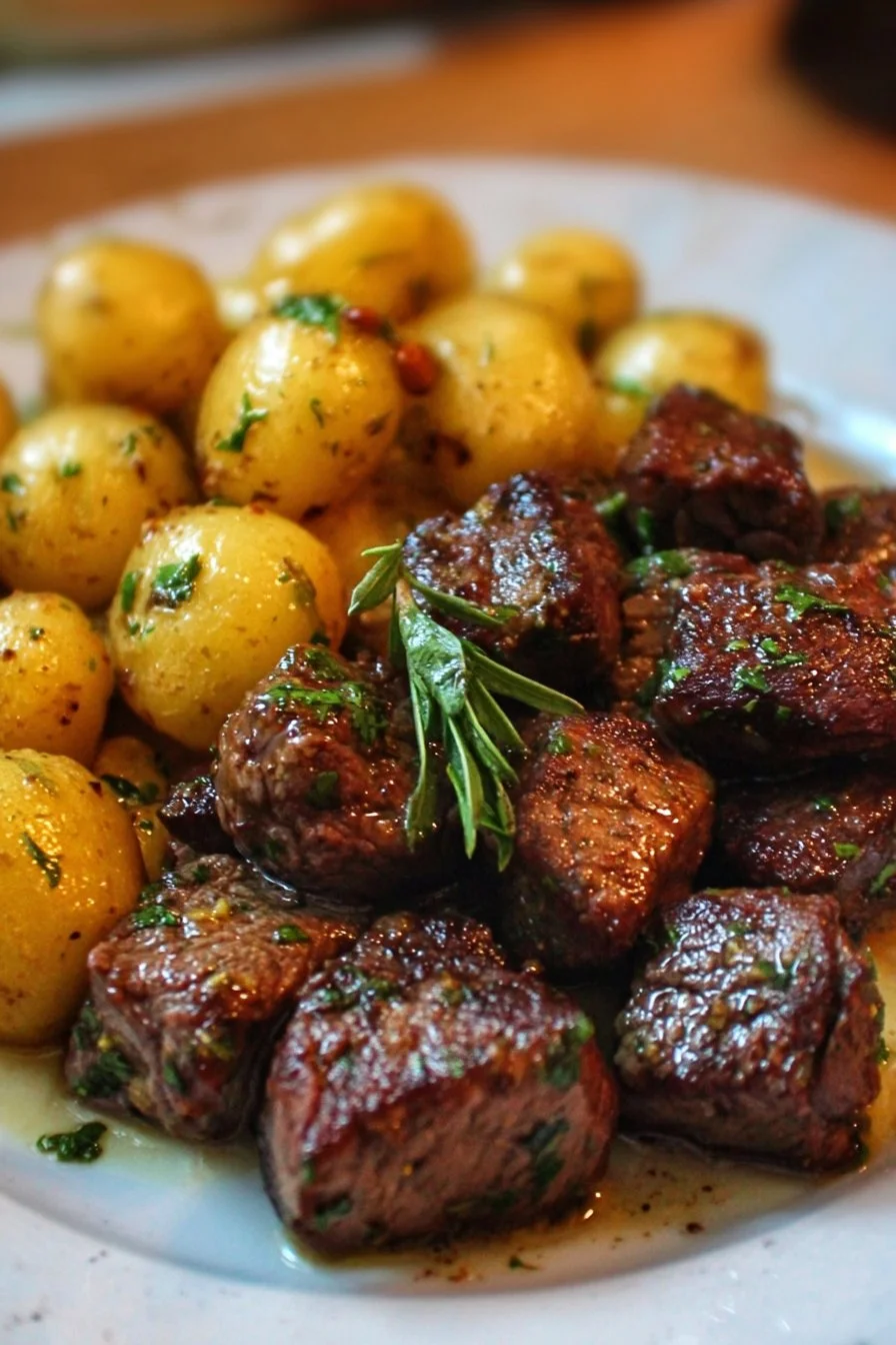 Delicious garlic butter beef bites with roasted baby potatoes