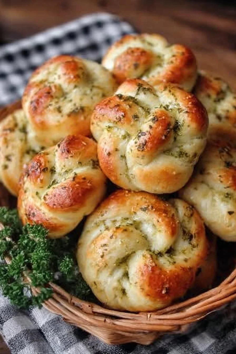 Delicious garlic knots served warm, drizzled with garlic butter and herbs.
