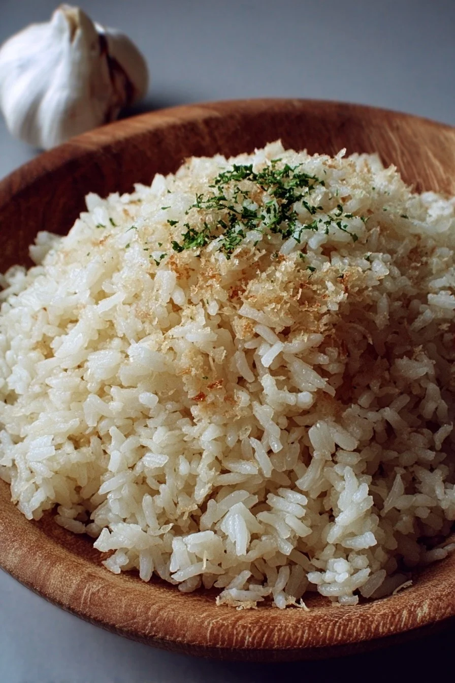 Serving of Garlic Parmesan Rice in a bowl garnished with parsley