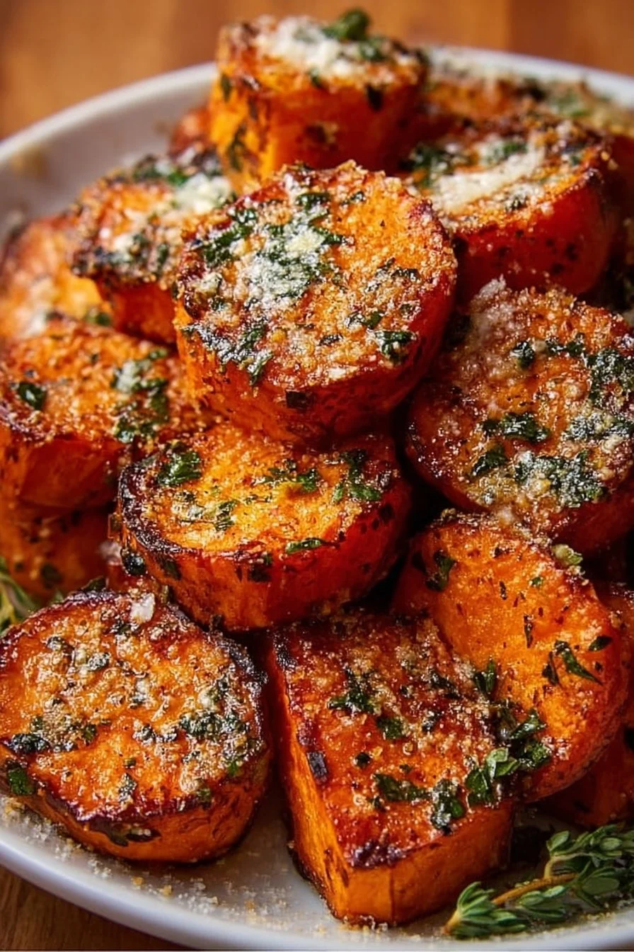 Garlic Parmesan Roasted Sweet Potatoes served on a plate