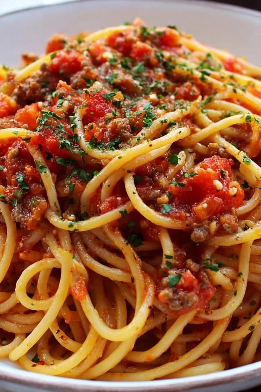Bowl of Grandma's secret German spaghetti garnished with herbs