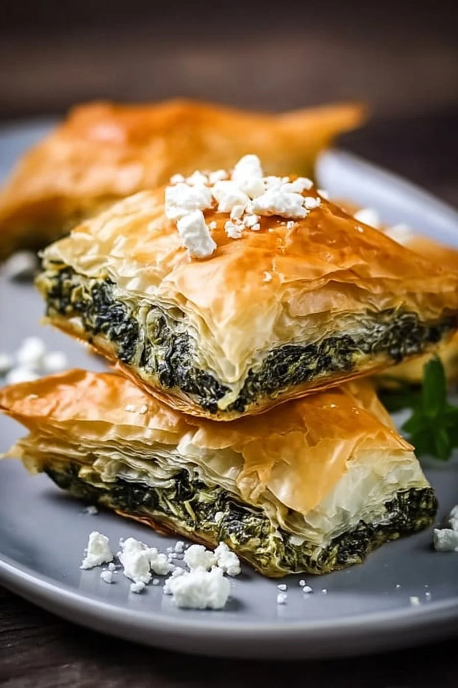 A slice of Greek Spinach Pie served on a plate, showcasing spinach and feta filling