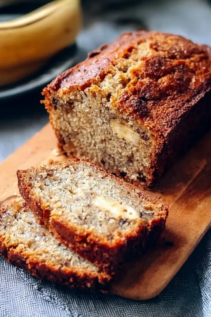 Slice of Greek Yogurt Banana Bread with a moist texture and banana slices.