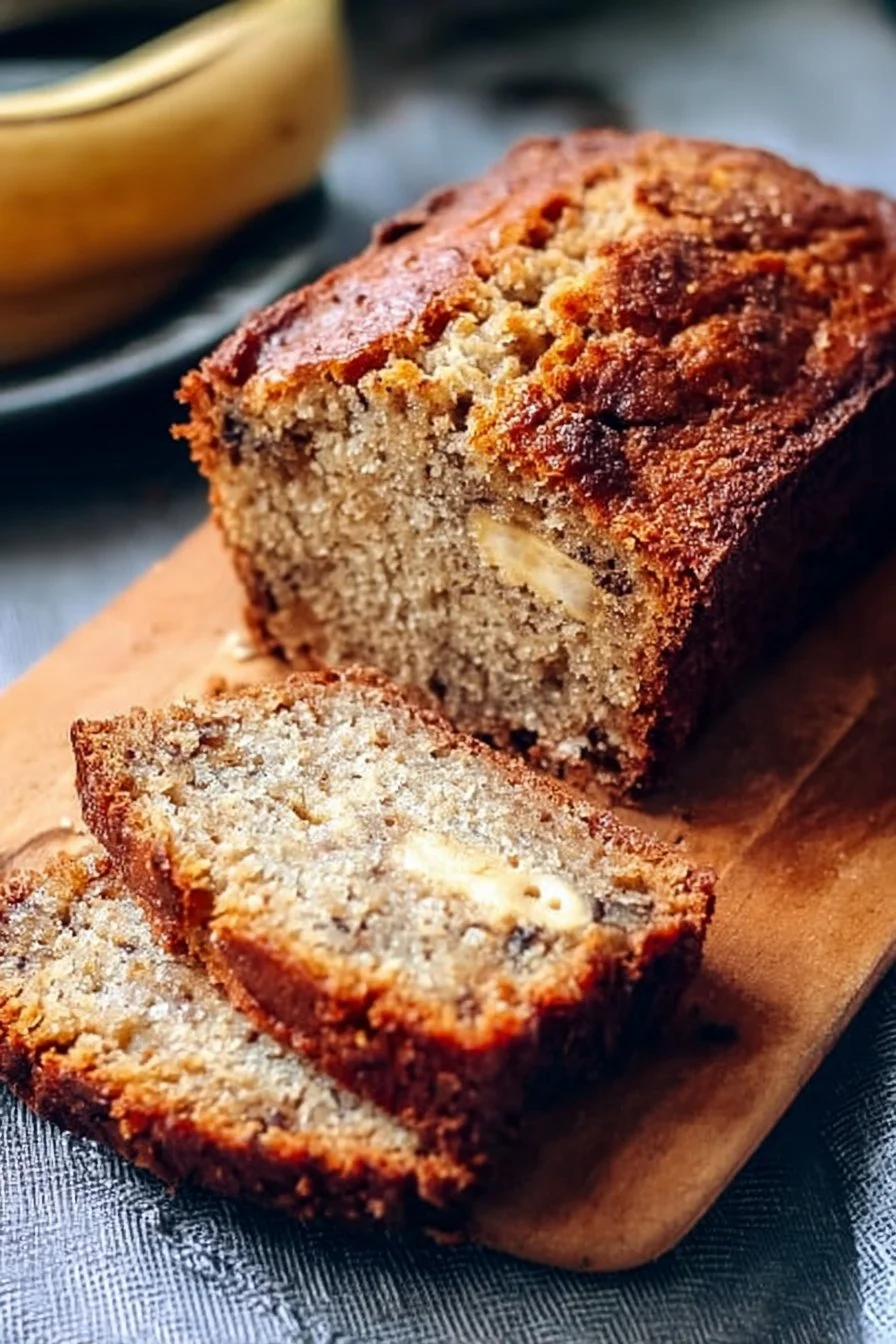 Slice of Greek Yogurt Banana Bread with a moist texture and banana slices.