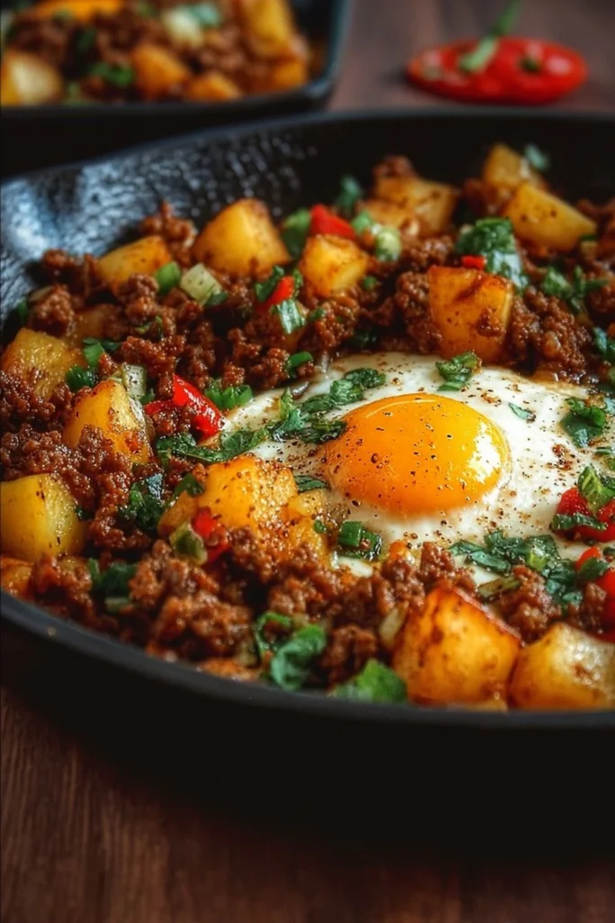 Delicious ground beef potato hash served in a skillet with herbs