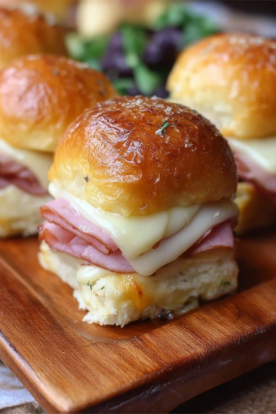 Delicious ham and cheese sliders on a platter, perfect for parties or gatherings.