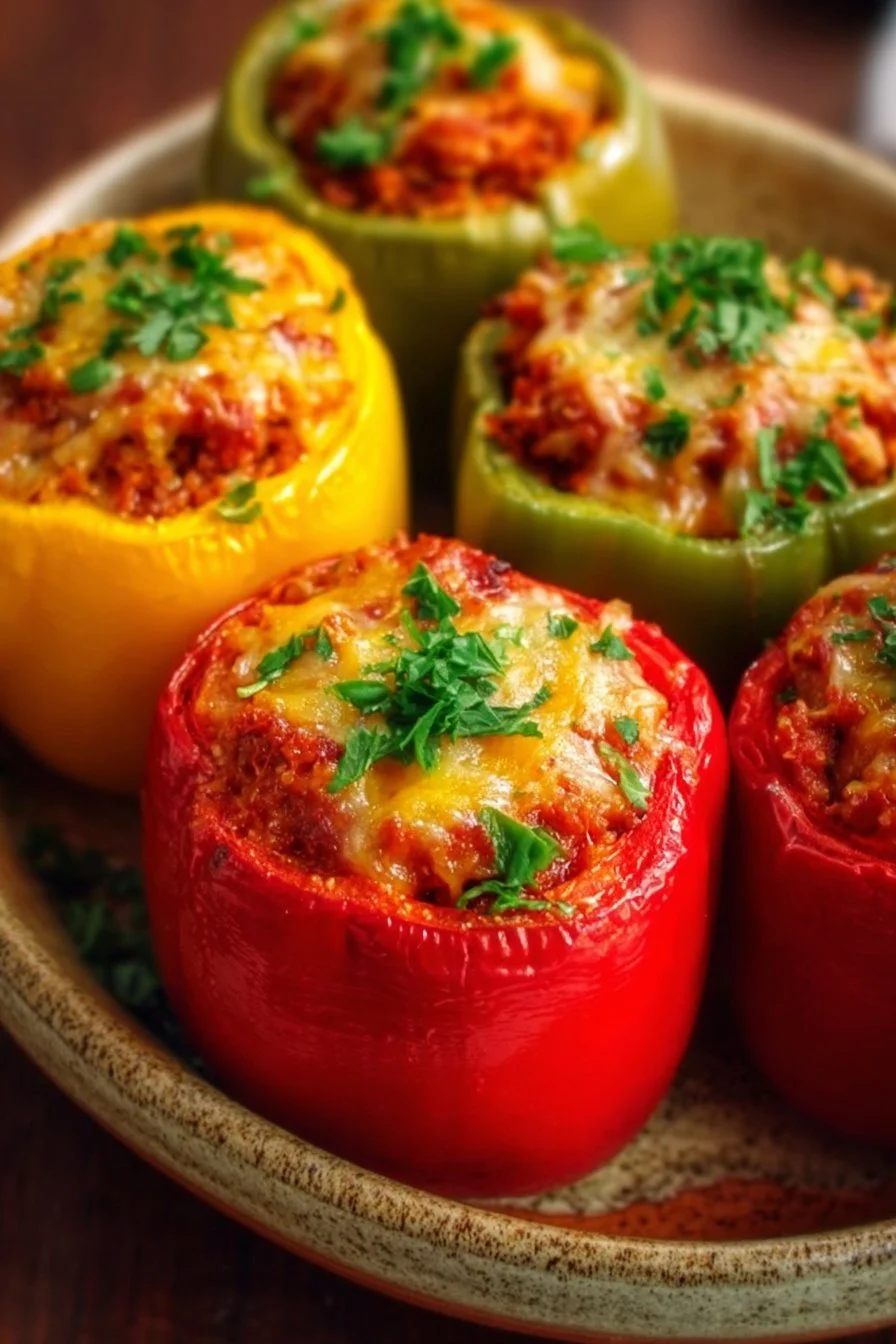 Healthy stuffed bell peppers filled with quinoa and vegetables ready to eat