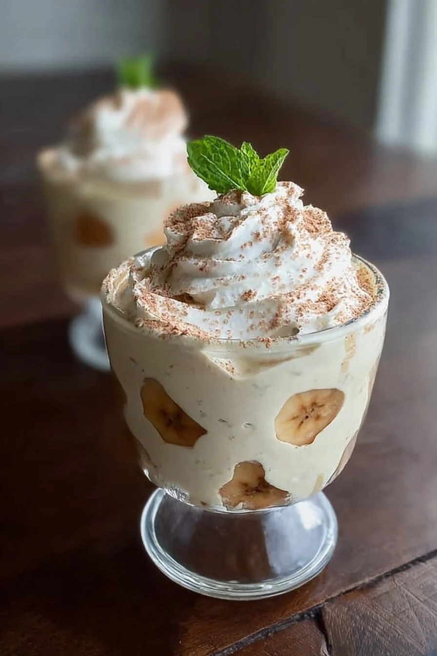 High protein banana pudding in a bowl topped with banana slices and whipped cream