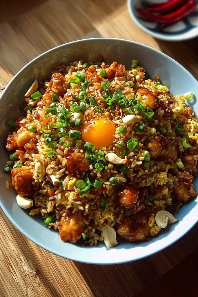 High protein crispy garlic chicken fried rice served in a bowl.