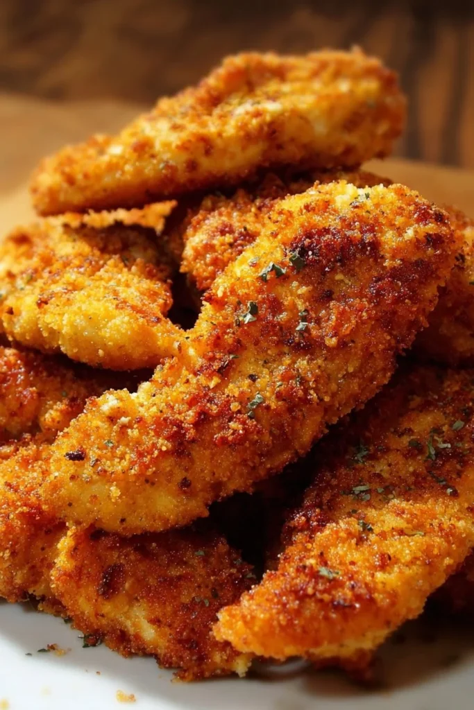 Plate of homemade baked chicken tenders served with dipping sauce.