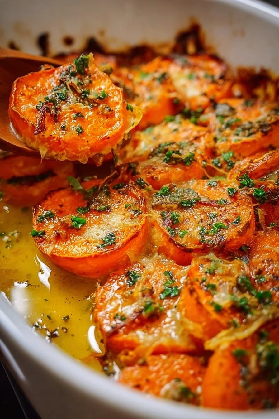 Garlic Butter Sweet Potato Bake dish with herbs and butter