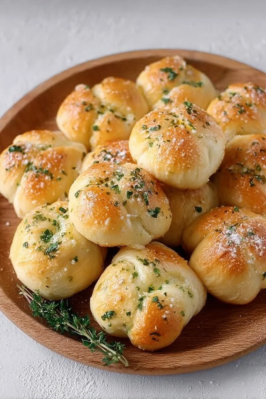 Freshly baked homemade garlic knots served with marinara sauce