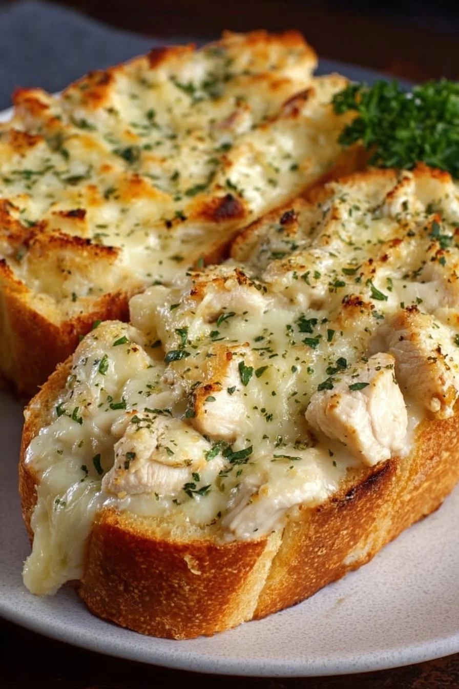 Irresistible Chicken Alfredo Garlic Bread garnished with herbs