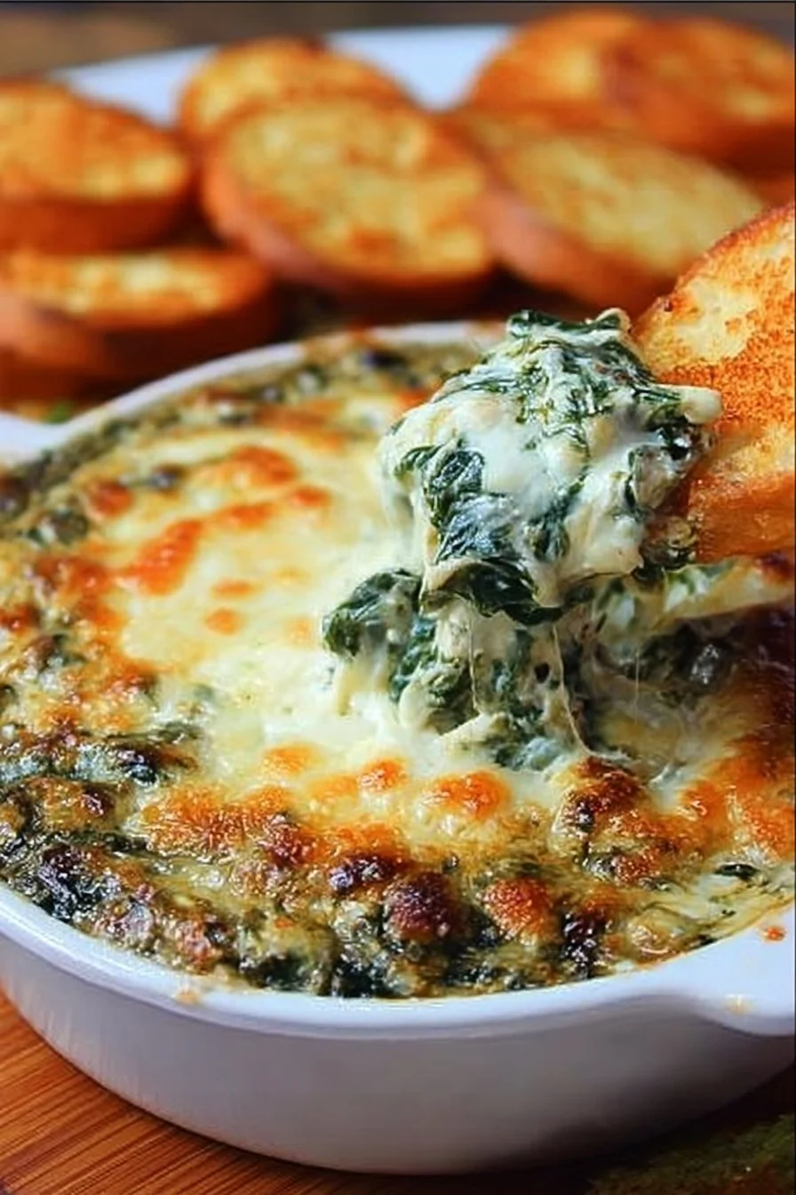 Irresistible hot spinach dip served in a bowl with bread for dipping.