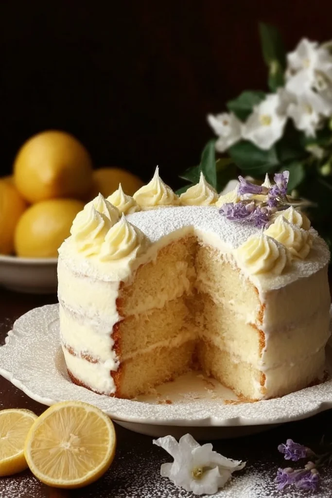 Sliced Italian lemon cream cake on a white plate garnished with lemon zest