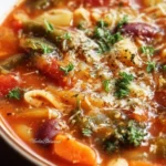 Delicious bowl of Italian Minestrone Soup filled with vegetables and herbs.