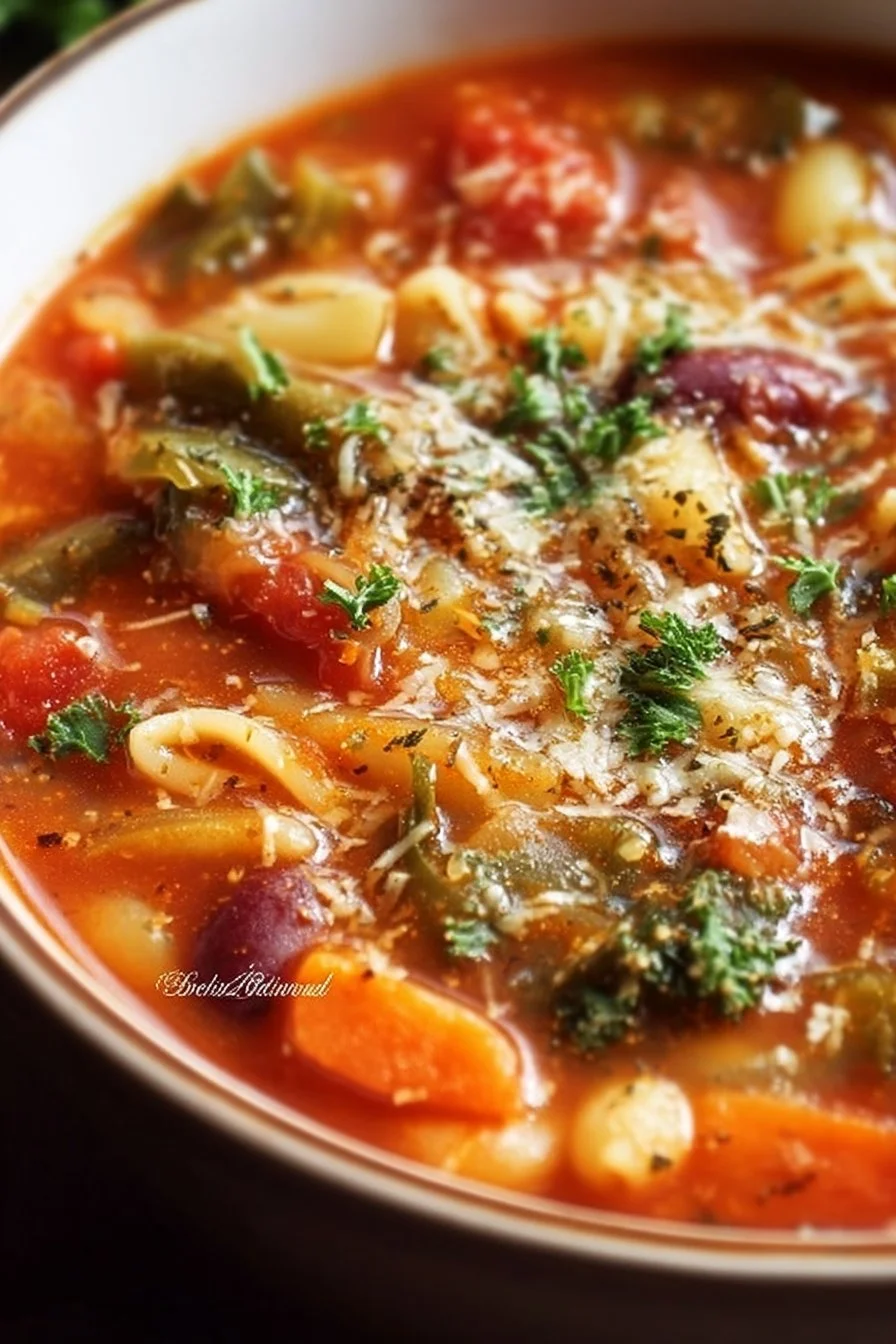 Delicious bowl of Italian Minestrone Soup filled with vegetables and herbs.