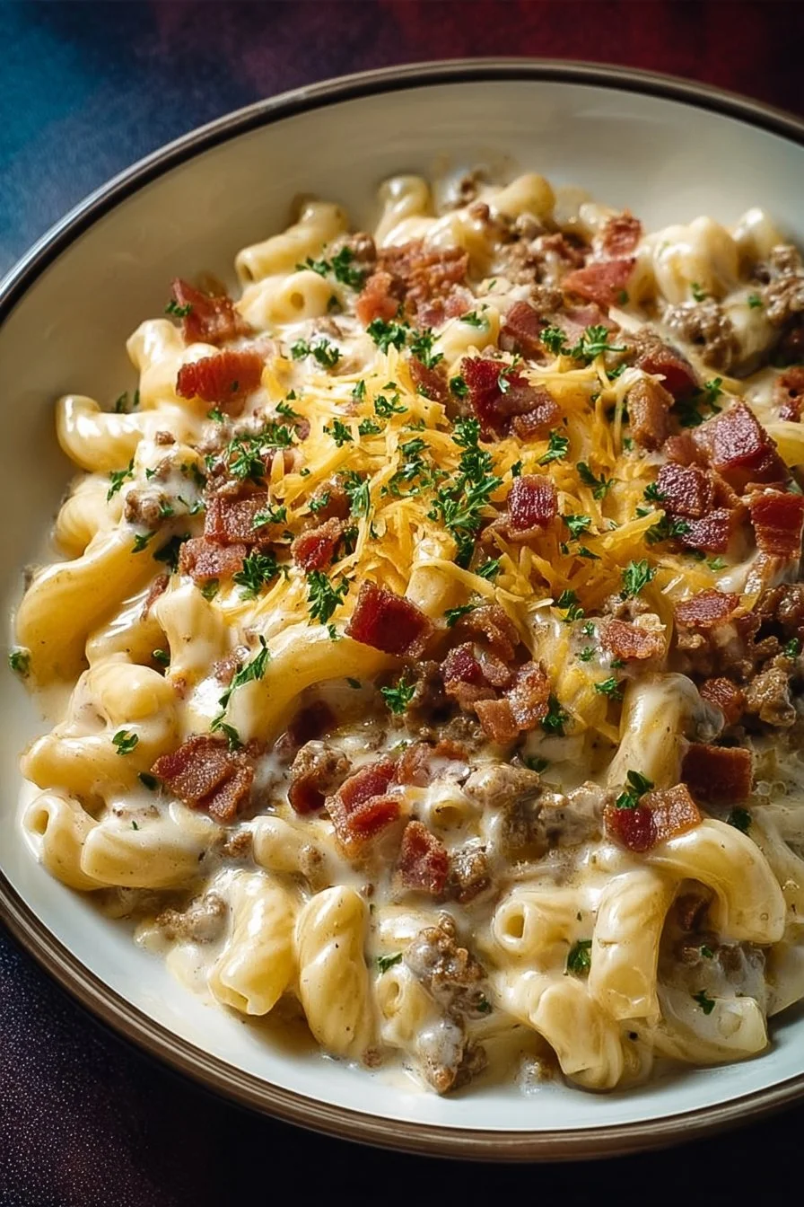 Creamy Bacon Cheeseburger Alfredo Pasta recipe with cheese and bacon topping