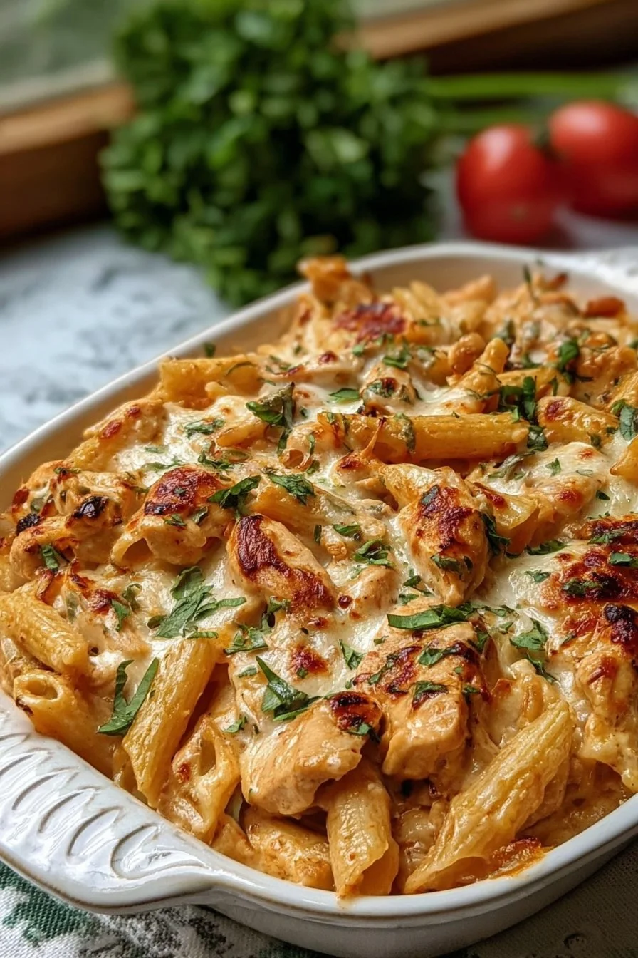 Delicious Marry Me Chicken Pasta Bake topped with herbs and cheese
