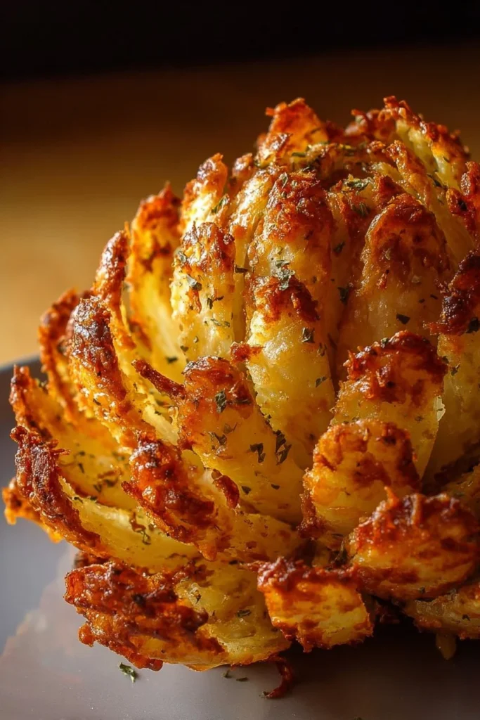 Oven-baked blooming onion served with dipping sauce.