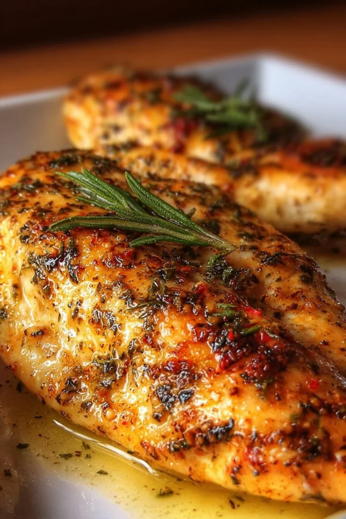 Oven-baked chicken breast served with herbs and vegetables