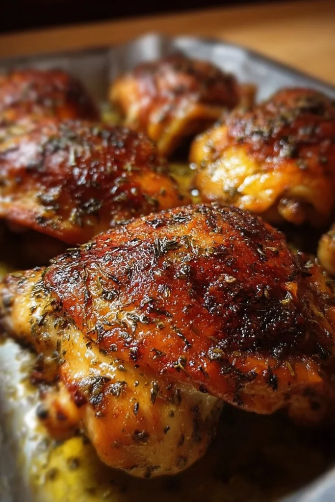 Oven baked chicken thighs garnished with herbs ready to serve