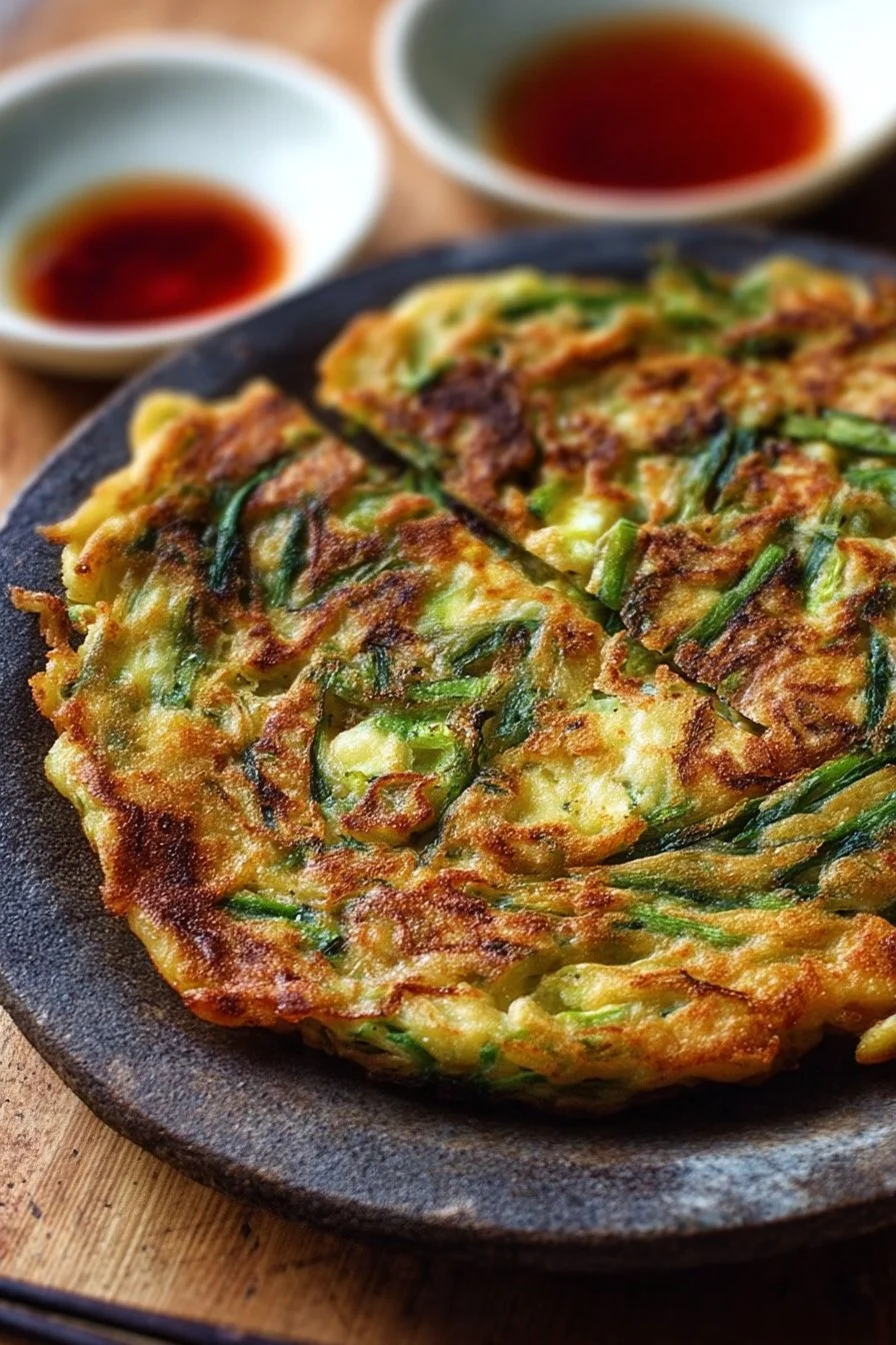 Homemade Pajeon, a Korean scallion pancake, served with dipping sauce.