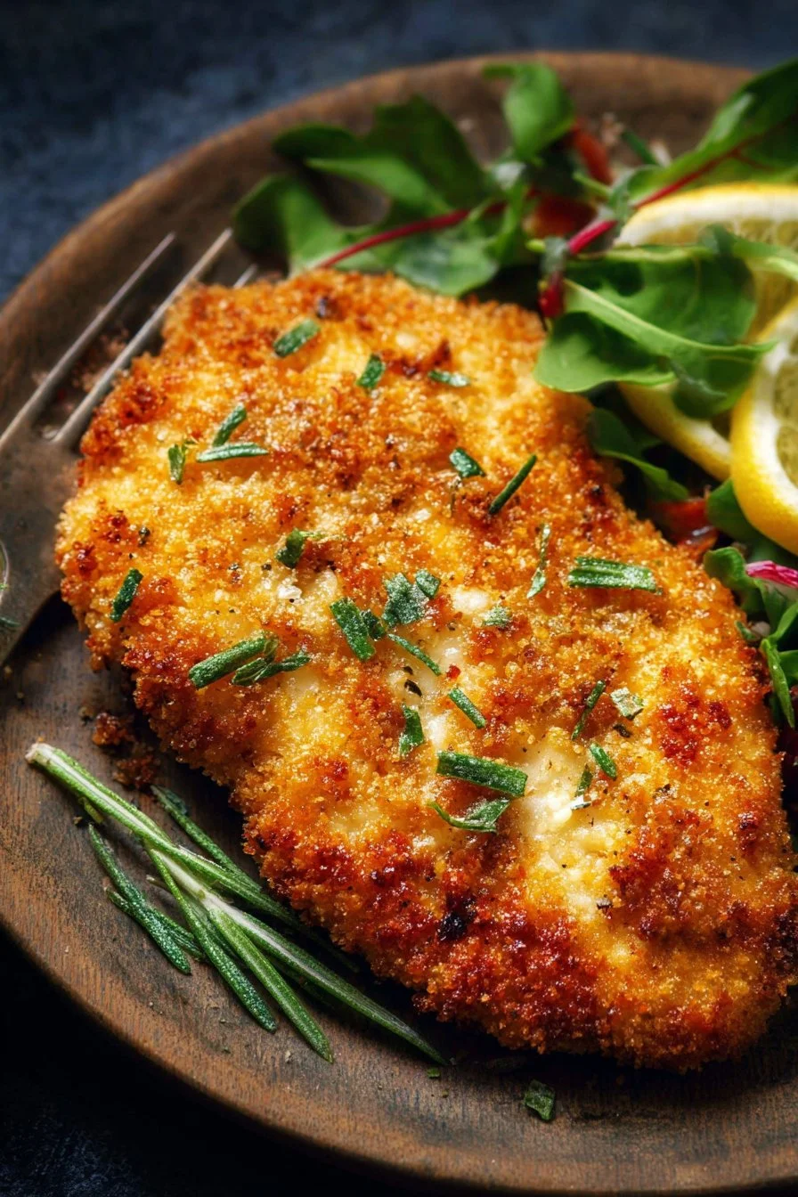 Plate of crispy Parmesan Crusted Chicken with herbs and lemon wedges