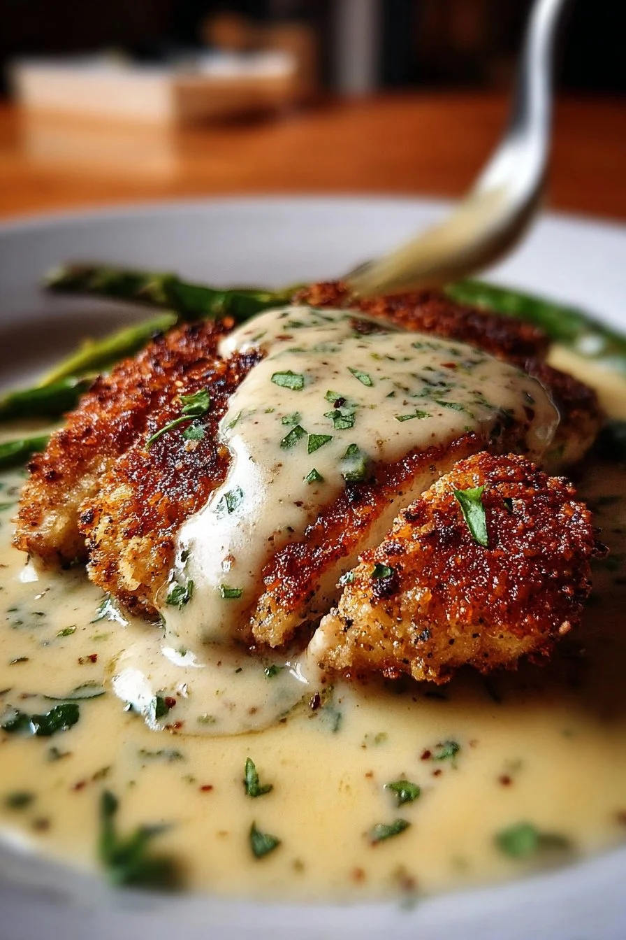 Parmesan-Crusted Chicken served with creamy garlic sauce on a plate