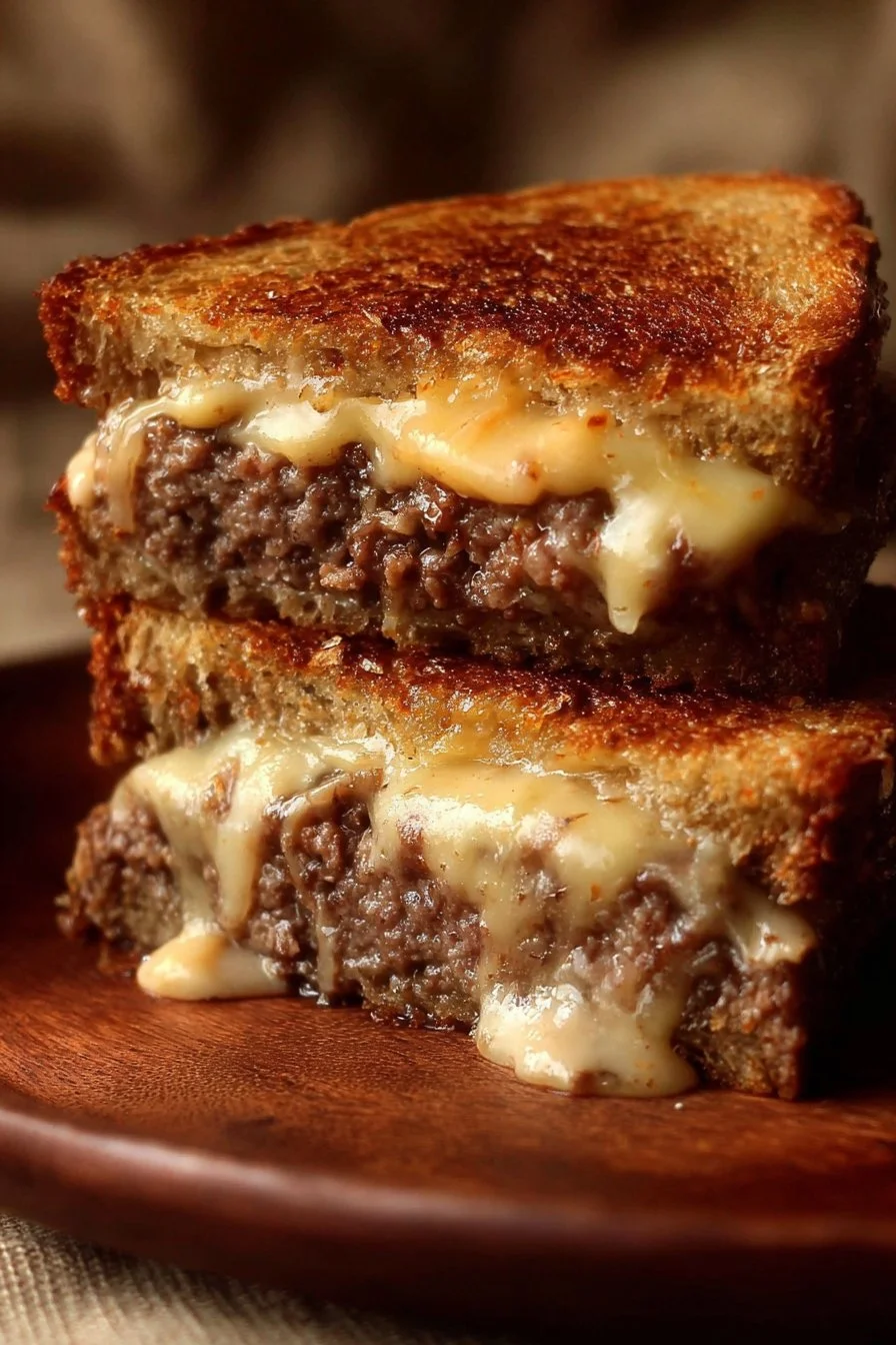 Delicious patty melt topped with secret sauce on toasted bread
