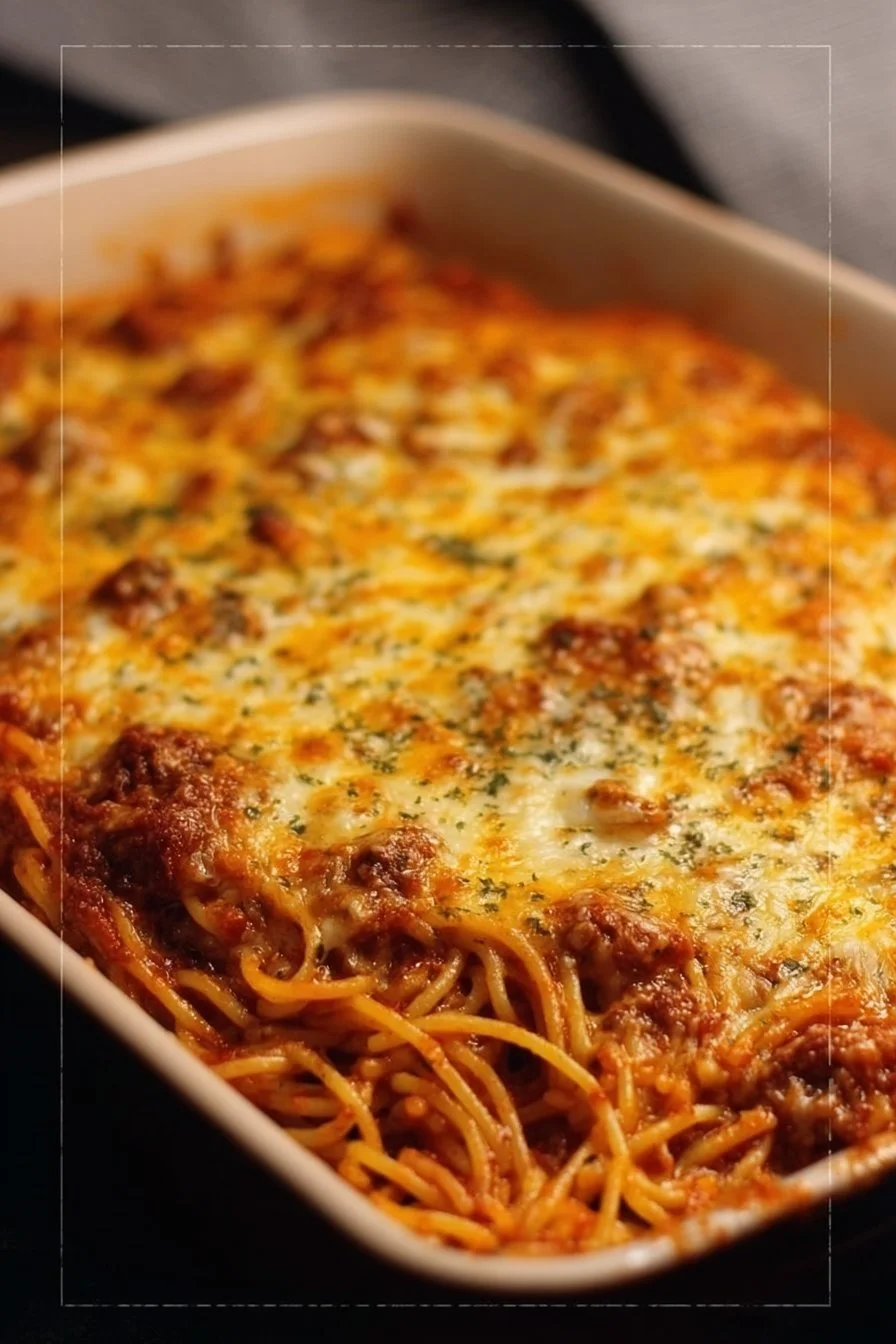 Delicious serving of Paula Deen's baked spaghetti on a plate