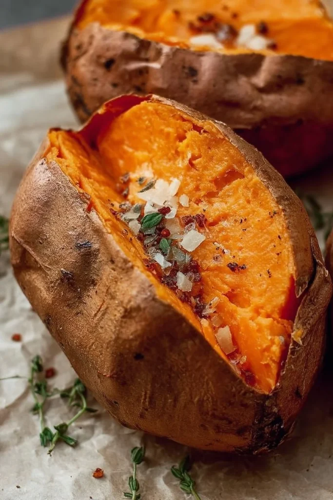 Perfectly baked sweet potatoes served on a white plate with herbs.