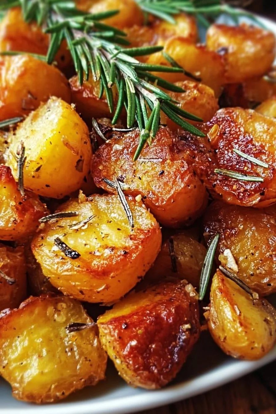 Crispy roast potatoes seasoned with rosemary and garlic on a platter
