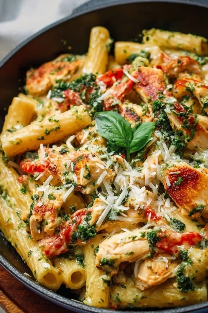 Pesto chicken pasta bake with creamy sauce and baked cheese topping