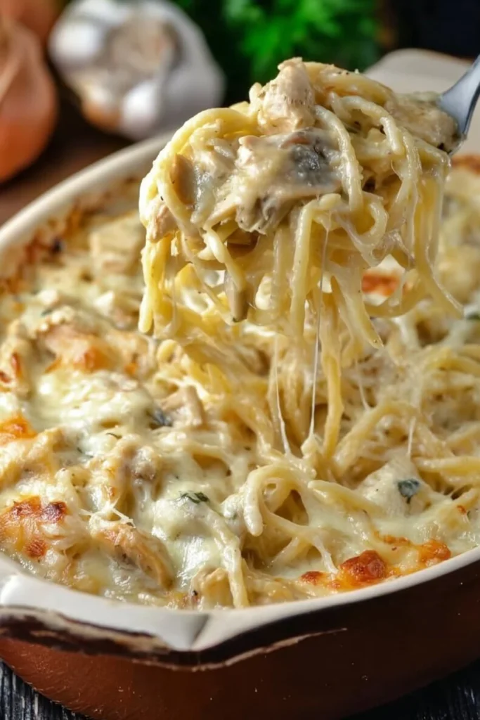 Creamy and delicious chicken tetrazzini casserole prepared with pasta and chicken