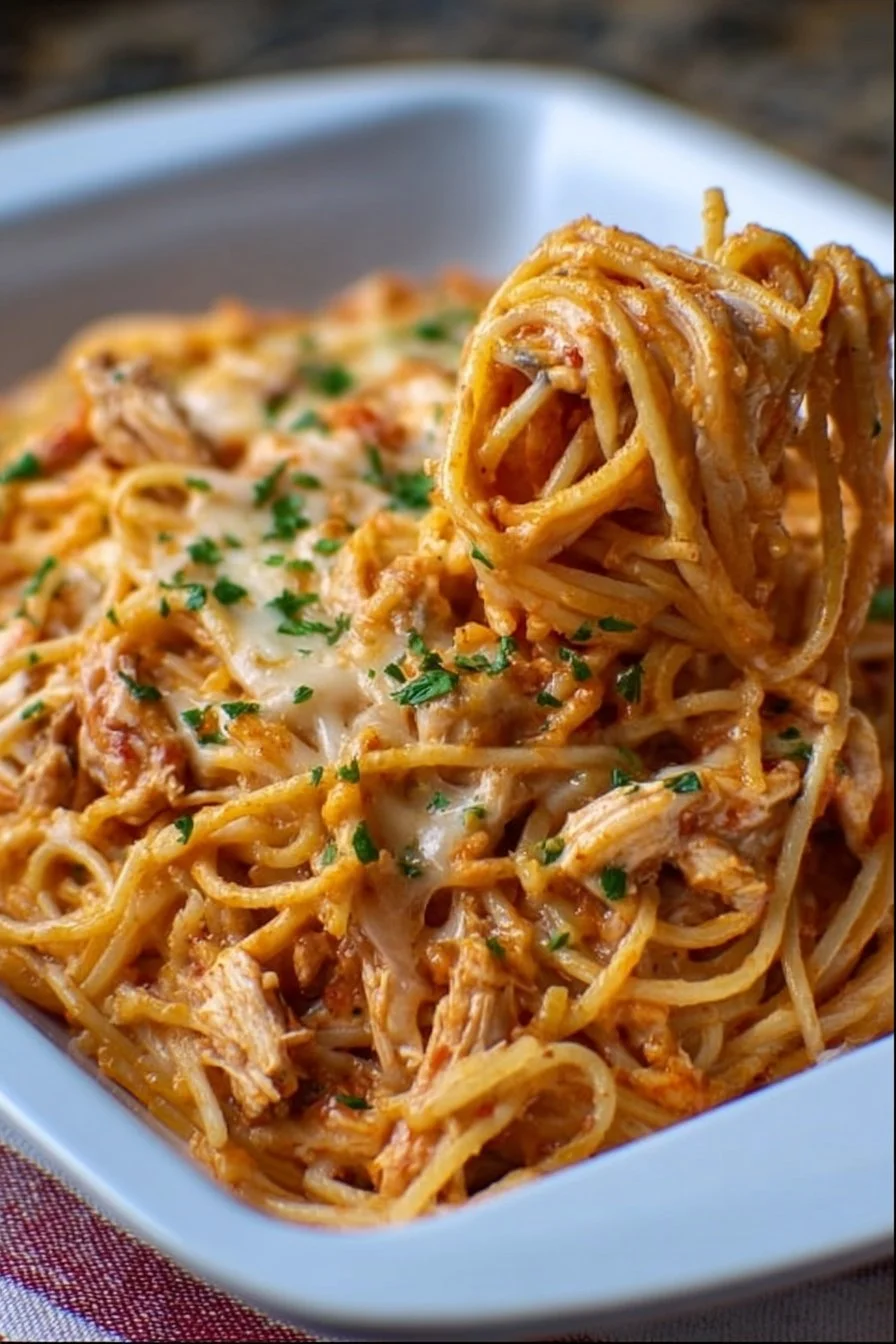 Delicious Pioneer Woman chicken spaghetti served in a bowl with fresh herbs.