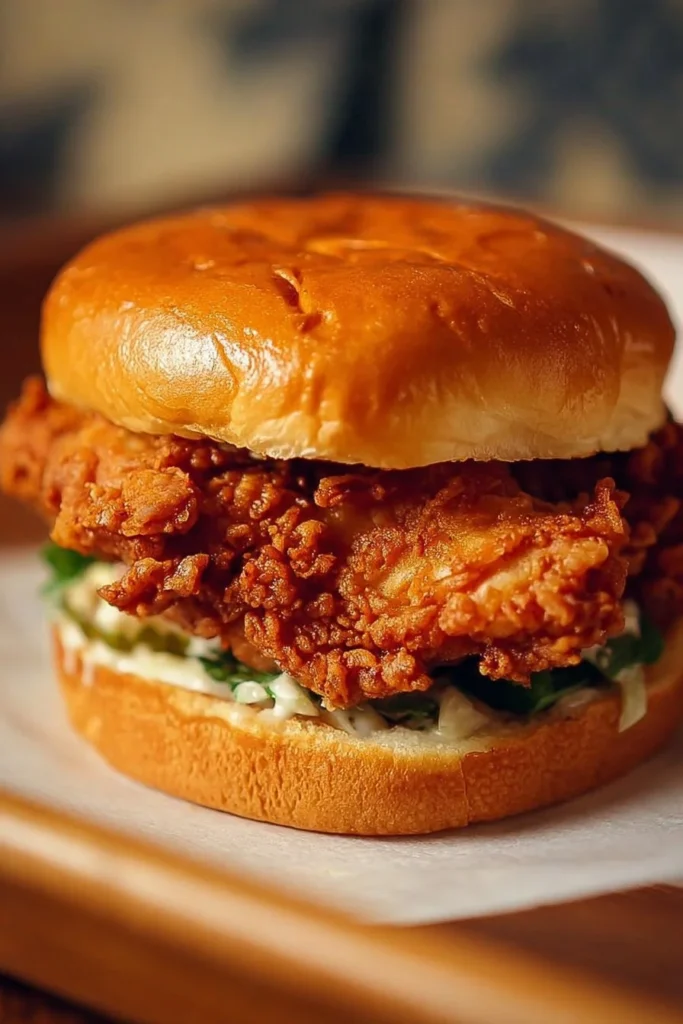 Popeyes Chicken Sandwich with crispy chicken and savory toppings
